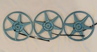 3 Vintage Blue Metal Compco Corp 8mm Film Reels,  Canisters 7 Inch Chicago USA 2