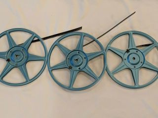 3 Vintage Blue Metal Compco Corp 8mm Film Reels,  Canisters 7 Inch Chicago USA 3