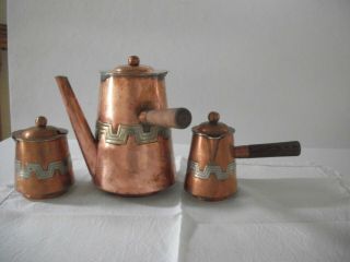 Three Piece Vintage Mexico Cobre Copper Sterling Silver Coffee Pot Sugar,  Cream