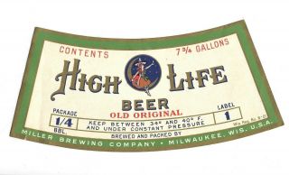 C.  1930s Miller High Life Old Vtg Beer Keg Label Pre Irtp Girl On Moon