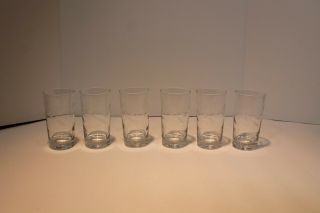 6 Six 12 Ounce Drinking Glasses W/ Etched Wheat Design; Indented Bottom; Vtg