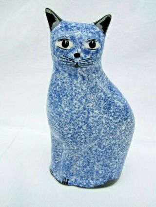 Vintage Country Farmhouse Blue Speckled Folk Art Kitty Cat Kitten Figurine