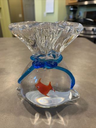 Vtg Murano Glass Fish In A Bag Aquarium Art Hand Blown Sculpture Goldfish