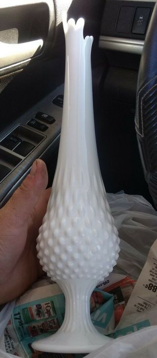Vintage Fenton White Milk Glass Stretch Swung Hobnail Footed Vase 15.  5 Inch