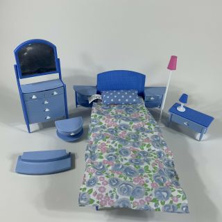Vintage Barbie Doll Bedroom Bed Set Nightstand Lamp Dresser Blue 1998