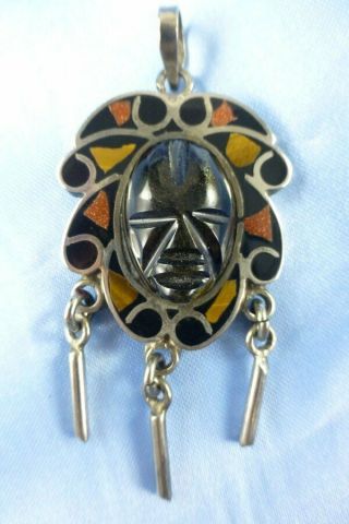 Vintage Sterling Silver 925 Mexico Aztec Mayan Tribal Face Pendant Onyx 31 Grams