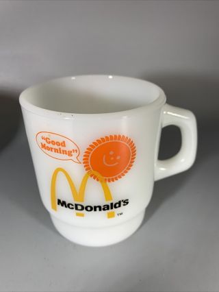 Vintage Pair McDonald ' s Fire King GOOD MORNING Advertising Coffee Mugs 2