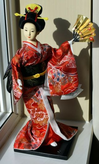 Vintage Geisha Doll Traditional Brocade Red Kimono,  Fan Japanese Figurine 15 " H