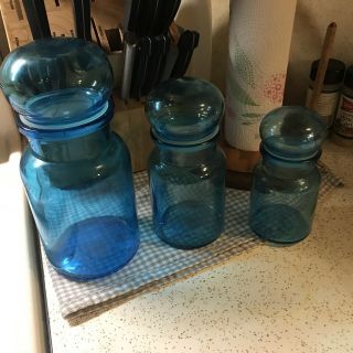 3 Vtg Mid Century Aqua Blue Glass Apothecary Jars Canisters Bubble Top Belgium