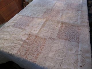 Vintage Victorian Style Antique Crisp Lace & Linen Tablecloth Or Bedcover Paris