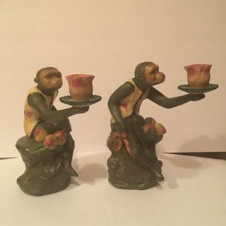 Vintage Pair (2) Rare Tropical Butler Monkey Candle Stick Holders Resin 10” T