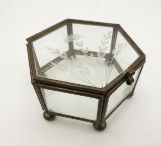 Etched Glass And Brass Jewelry Casket Hexagon Footed Vintage