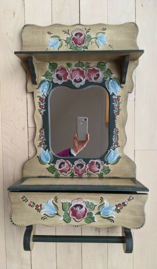 Vtg Wooden Cabinet Hand Painted Wall Hung Mirror Bathroom Rack Rosemaling Shelf