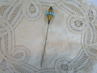 Vintage Turquoise Glass Bead Gold Tone Ribbed Oval 4 " Hat Stick Pin