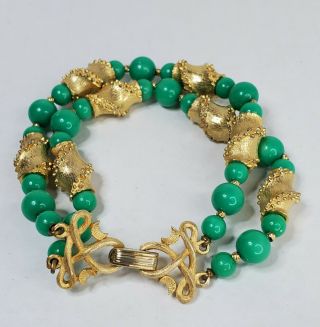Vintage Crown Trifari Bracelet Signed Gold Green Beaded Two Strand Collectable