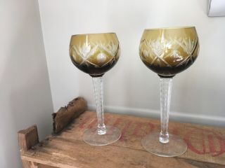 Vintage Etched Cut Crystal Wine Glasses Amber Colored Set 2