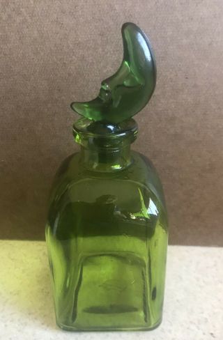Vintage Green Glass Perfume Bottle With Glass Moon Stopper Art Deco Style