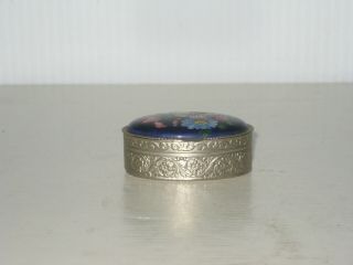 Demure Vintage Blue Enamel Pill Box Hand Painted Floral Silver Tone Chased Metal 2