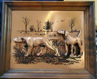 Vintage Signed John Louw Copper 3d Art Hunting Dogs Wall Art Wood Framed Picture