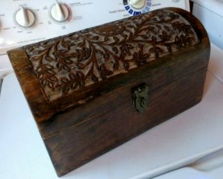 Vintage Carved Wood Storage Treasure Chest Box Dome Roomy Hinged,  Hasp