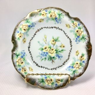 Vintage Rose D’or Floral Dish With Yellow Roses Blue Flowers Gold Trim Japan