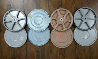4 Vintage 8mm Metal Film Tin Cases Take - Up Reels Kenco Sterling Lindner Davis