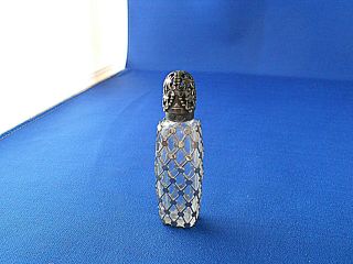 Old Made In France Mini Perfume Scent Bottle Metal Lattice Sides Filigree Top