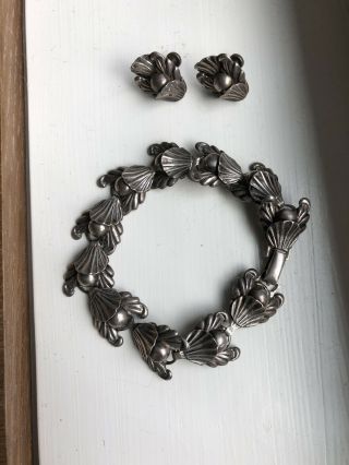 Vintage Burg Sterling Silver 925 Shell Bracelet & Earrings (25.  3 Grams)
