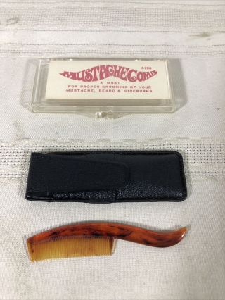 Vintage Mini Pocket Mustache Comb Faux Tortoise Shell W/ Sleeve