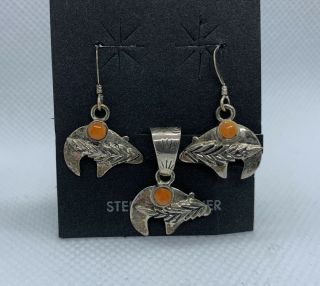 Vintage Sterling Silver And Coral Navajo Bear Dangle Earrings And Pendant Signed