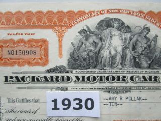 Vtg Great Depression Era 1930 Packard Motor Car Stock Certificate.  Automobilia