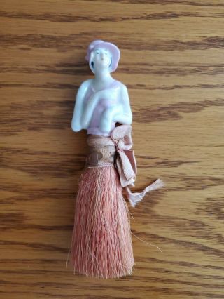 Vtg Antique Porcelain Doll Flapper Lady Clothes Whisk Broom Shaving Brush Pink