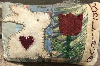 Primitive Believe Bunny Rabbit & Flower Shelf Pillow - Made From Vintage Quilt