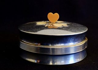 Vintage Metal And Glass Powder Puff/trinket Box With Heart Handle Lid
