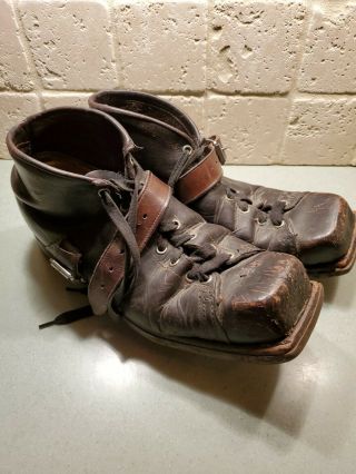 Vintage Black Leather 1950s Ski Telemarking Ski Boots Cabin Or Lodge Decor