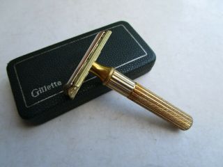 Vintage 1940 ' s USA Made Gillette Tech Fat Handle Gilded Gold Safety Razor,  Box 2