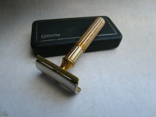 Vintage 1940 ' s USA Made Gillette Tech Fat Handle Gilded Gold Safety Razor,  Box 3