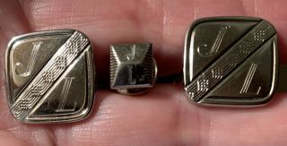 Vintage Art Deco Style Monogrammed J L Cuff Links Tie Tack Pin Silver