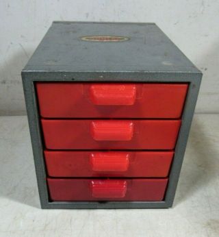 Vintage Dunlap Tools Small Metal Parts Cabinet W/4 Hard Plastic Red Drawers