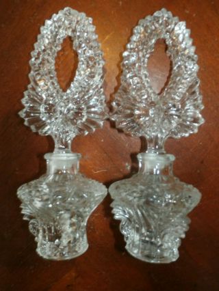 Pair Vintage Antique Pressed Glass Perfume Bottles W/ Tall Finial Stoppers