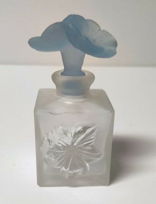 Vintage Frosted Glass Perfume Bottle W/ Blue Floral Top 4 "