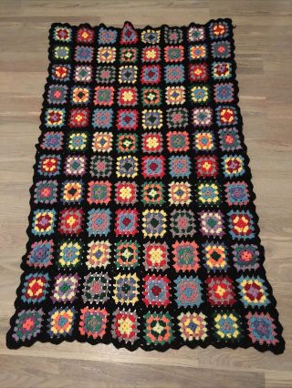 Vtg Granny Square Black Afghan Crochet Throw Blanket Roseanne 54 X 33 Handmade