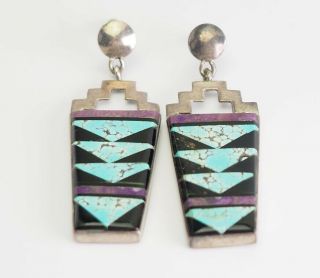 Vintage Native American Sterling Silver And Inlaid Gemstones Handmade Earrings