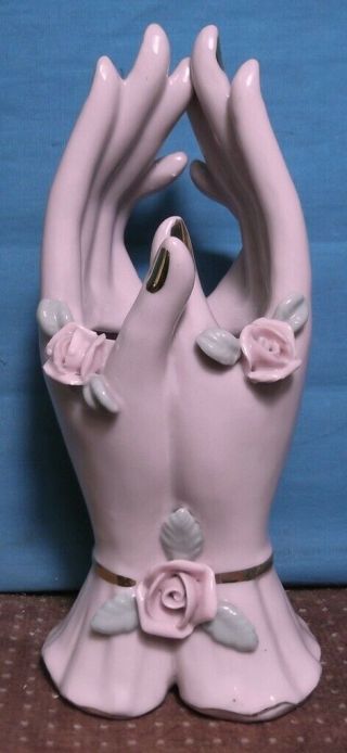 Vintage Ladies Cupped Hands W/ Applied Pink Roses Vase Made In Japan