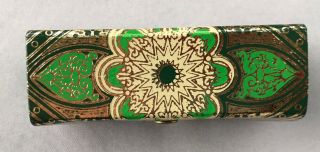 Vintage Lipstick Holder Mirror Made In Italy Green Gold Floral Fold Over Snap Vg