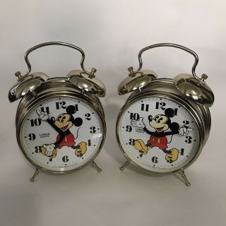 Vtg Lorus Quartz Rare (2) Gold Disney Mickey Mouse Decorative Alarm Clock [b1]