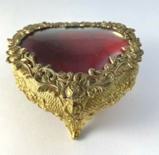 Vtg Heart Shaped Goldtone Jewelry Trinket Box W/ Red Velvet Lining Made In Japan