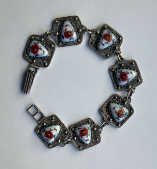 Vintage Marcasite Ceramic Flower Design Link Bracelet Unbranded Rare
