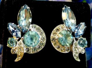 Eisenberg Ice Vtg Signed Multi Shades Blue Glass Rhinestone Clip Earrings As - Is
