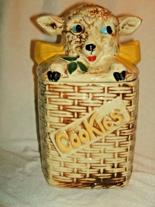 Vintage Mc Coy Cookie Jar Wicker Basket With Lamb Inside